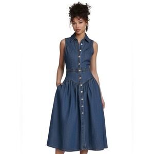 Sleeveless Dark Blue Denim Button-Front Midi Dress